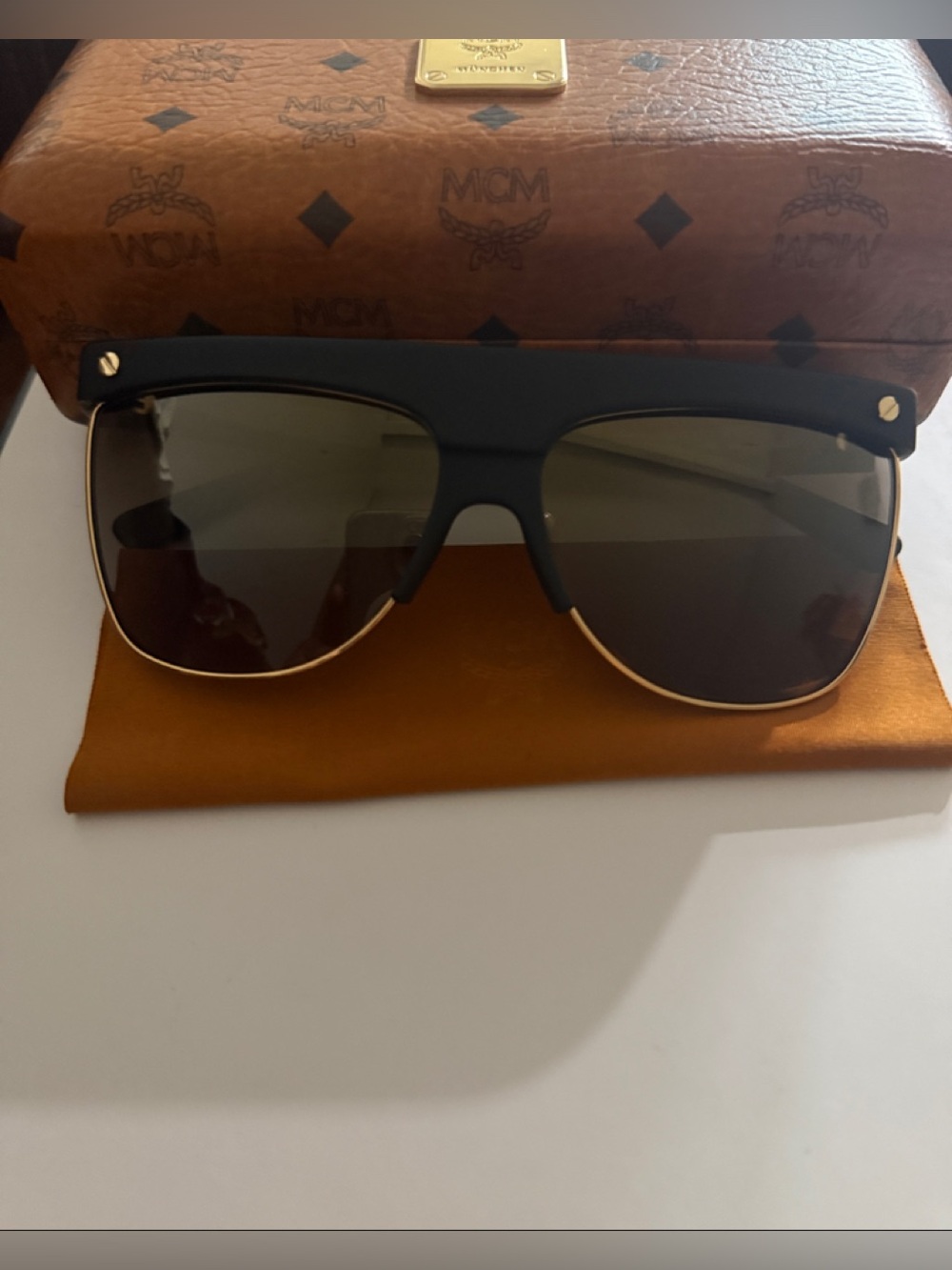 MCM unisex Black & Gold Oversized Shield Sunglasses